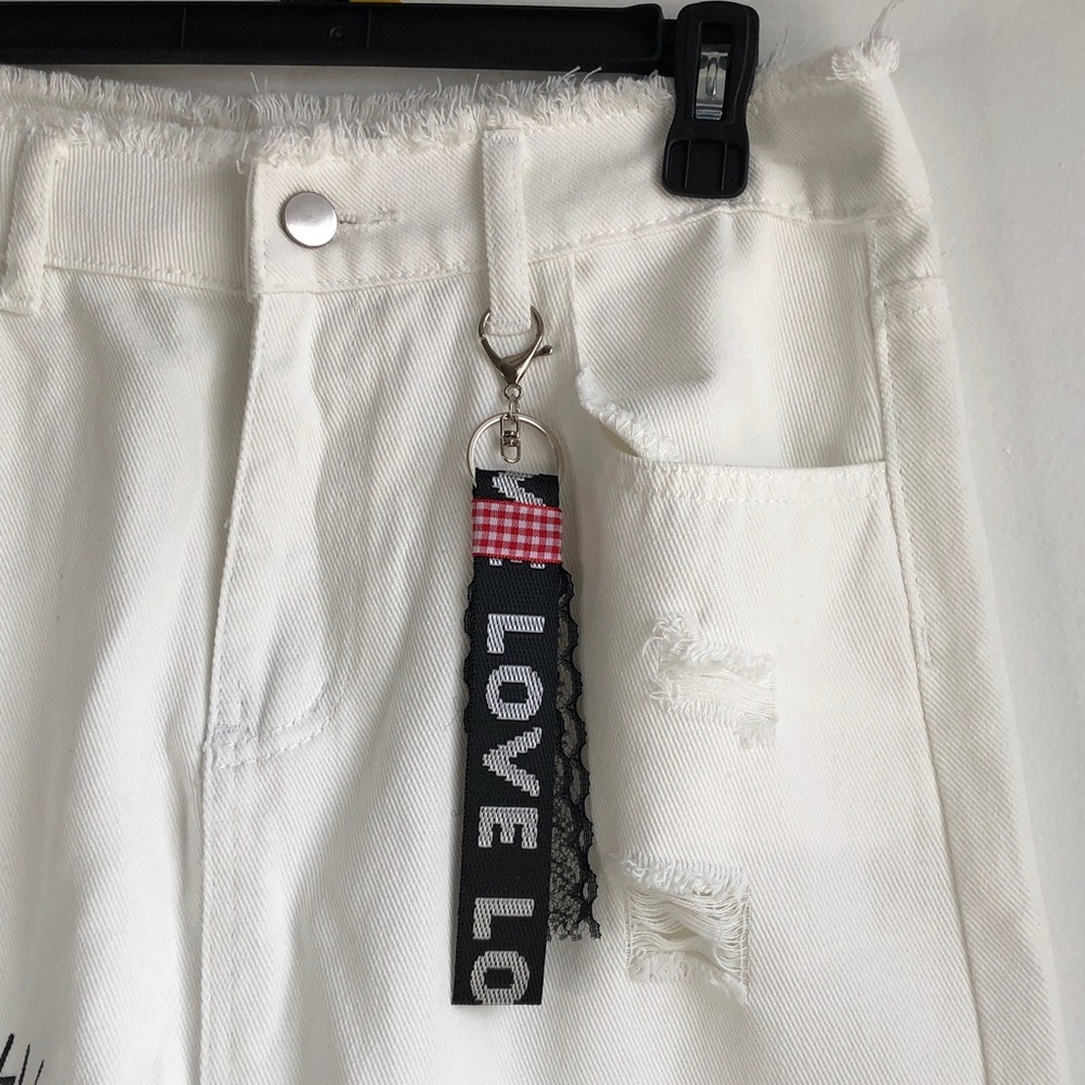 White Distressed Midi Denim Skirt with Printed Graphics and 'LOVE' Keychain - Picture 3 of 5